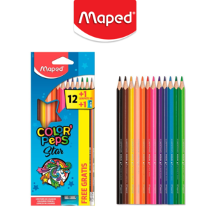 Lápis de Cor Color'Peps caixa com 12 cores + apontador + lápis grafite. Formato ergonômico: triangular.